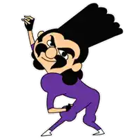 a cartoon of a man with a mustache wearing a purple jumpsuit and a star .