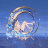 a woman is sitting in a circle with a blue background
