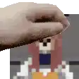 a pixel art of a hand holding a piece of paper over a picture of a dog .