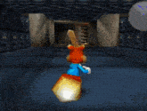 a cartoon character in a blue jacket is standing in a room