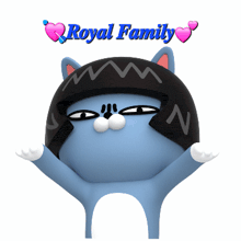 a blue cat wearing a black helmet with the words royal family written on it