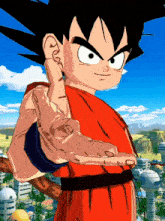 a cartoon character with a red shirt and black hair is giving a thumbs up