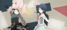 two anime girls are standing next to each other in front of a chinese symbol