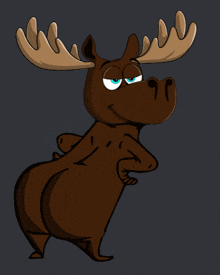 a cartoon moose with blue eyes is standing with his hands on his butt