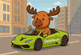 a moose is driving a green car with datahaven written on the side