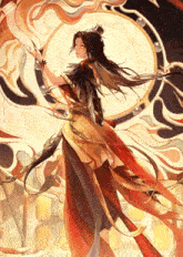 a woman in a long red and gold dress is standing in front of a large sun