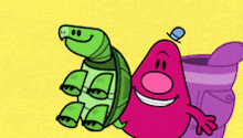 a cartoon of a turtle and a mr. men character on a yellow background
