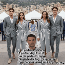 a couple of people standing next to each other with a caption that says " orzi perfecta prietene a perfect day friend "