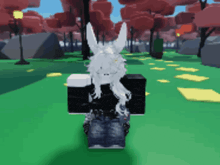 a white rabbit is standing in a grassy area with trees in the background