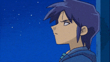 a cartoon of a boy with purple hair and a fist in the air