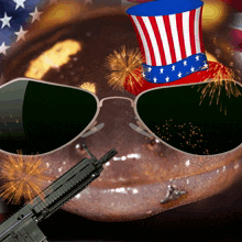 a man wearing sunglasses and an uncle sam hat holds a gun