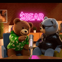 two teddy bears in front of a neon sign that says $ bear