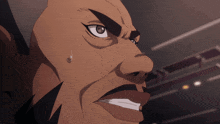 a close up of a man 's face with sweat coming out of his ear