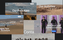 a collage of surf camp advertisements including one for conta