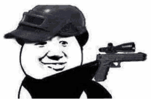 a panda wearing a helmet and holding a gun on his shoulder .