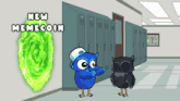 two owls are standing in a hallway next to a green portal that says new memecoin on it