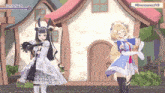 two anime girls are dancing in front of a house with the hashtag evermorelive on the bottom