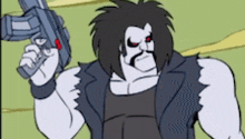 a cartoon character is holding a gun in his hand and has red eyes .