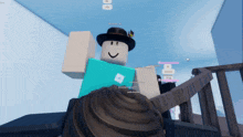 a roblox character with a blue shirt and a black hat is sitting on a staircase