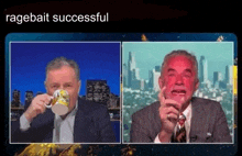 a man in a suit is drinking a cup of coffee while another man with a red face is talking to him .