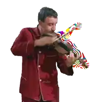 a man in a red shirt is playing a violin with the word wituosky written in gold letters