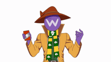 a cartoon of a man with a purple head holding a can of soda and a scarf with the letter w on it