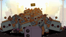 a bunch of robots are stacked on top of each other and a card is flying in the air