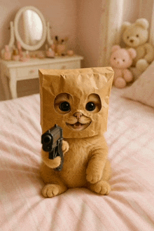 a cat wearing a paper bag on its head holding a gun