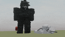 a black robot with a skull on his face stands next to a white robot