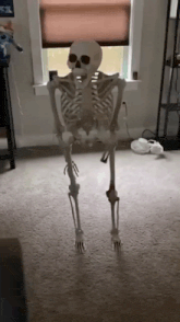 a skeleton is standing in a living room next to a window .