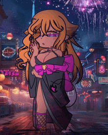 a cartoon drawing of a girl in a kimono with a sign that says ' chinese food ' on it