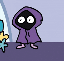 a cartoon character wearing a purple cape with a black face and white eyes