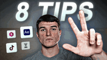 a man 's hand is reaching out in front of a sign that says " 8 tips "