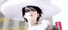 a woman wearing a white hat and sunglasses is standing in front of a sign that says ' a ' on it