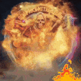 a devil rock metal legion logo is surrounded by flames and smoke