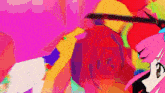 a colorful painting of a girl with pink hair and a sword .