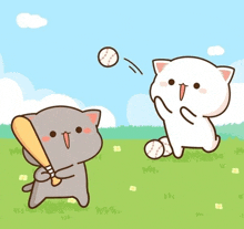 a cartoon of a cat holding a bat and another cat catching a baseball
