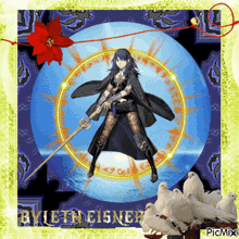 a picture of a woman with a sword and the name evelyn eisner on the bottom