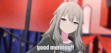 a anime girl is saying good morning in front of a red background