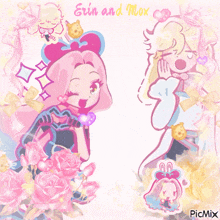 a drawing of erin and mox with pink roses