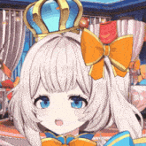 a girl with a crown on her head and a bow