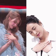 a woman in a fur coat and a woman in a white shirt with their hands on their chest