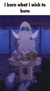 a cartoon of a girl with horns and the words i burn what i wish to burn