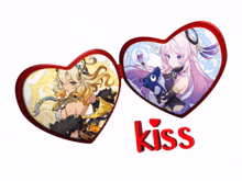 a couple of hearts with the word kiss in the middle