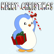 a penguin is holding a candy cane and a gift box with the words merry christmas above it