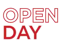 a red and white sign that says open day
