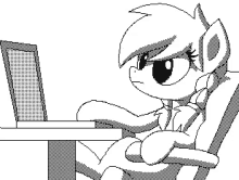a black and white drawing of a pony wearing sunglasses sitting in front of a laptop .
