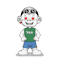 a cartoon character wearing a yes shirt and shorts