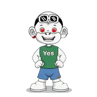 a cartoon character wearing a yes shirt and shorts