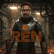 a man in a suit with the word ren written on it